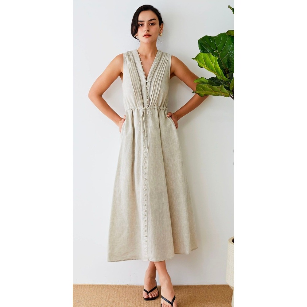 Chicwish V Neck Buttoned Sleeveless Dress Linen Pintuck Midi Dress XS Womens